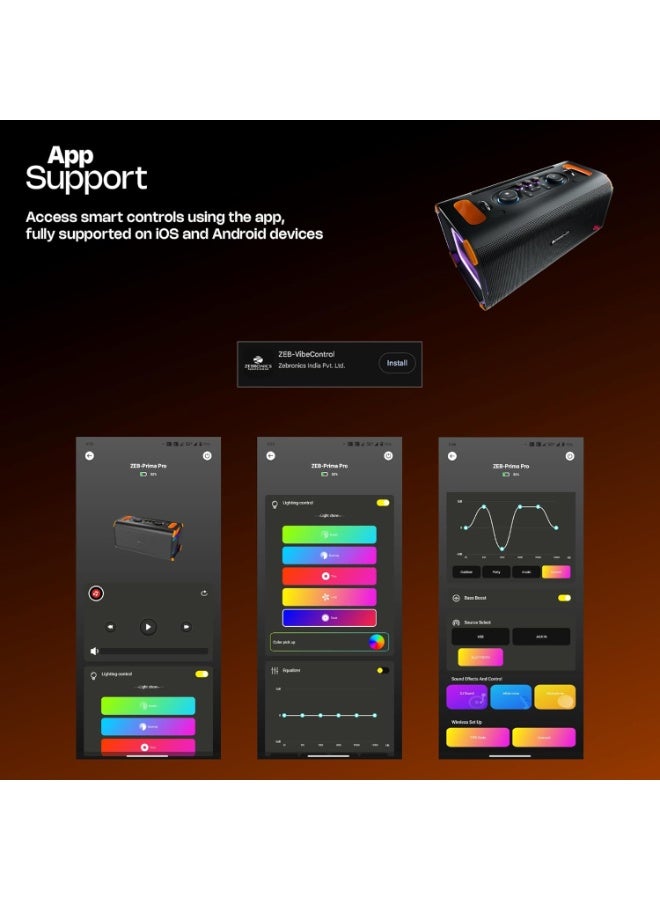 زيبونيكس Zebronics Party Speaker, 150W, AURACAST Technology, Upto 5 Hours Playtime, 4 Drivers, BT v5.4, Wireless Mic, Mic & Guitar in, RGB, Mobile Holder, Splash Proof, AUX, USB, App Support (Prima Pro) - Image 2